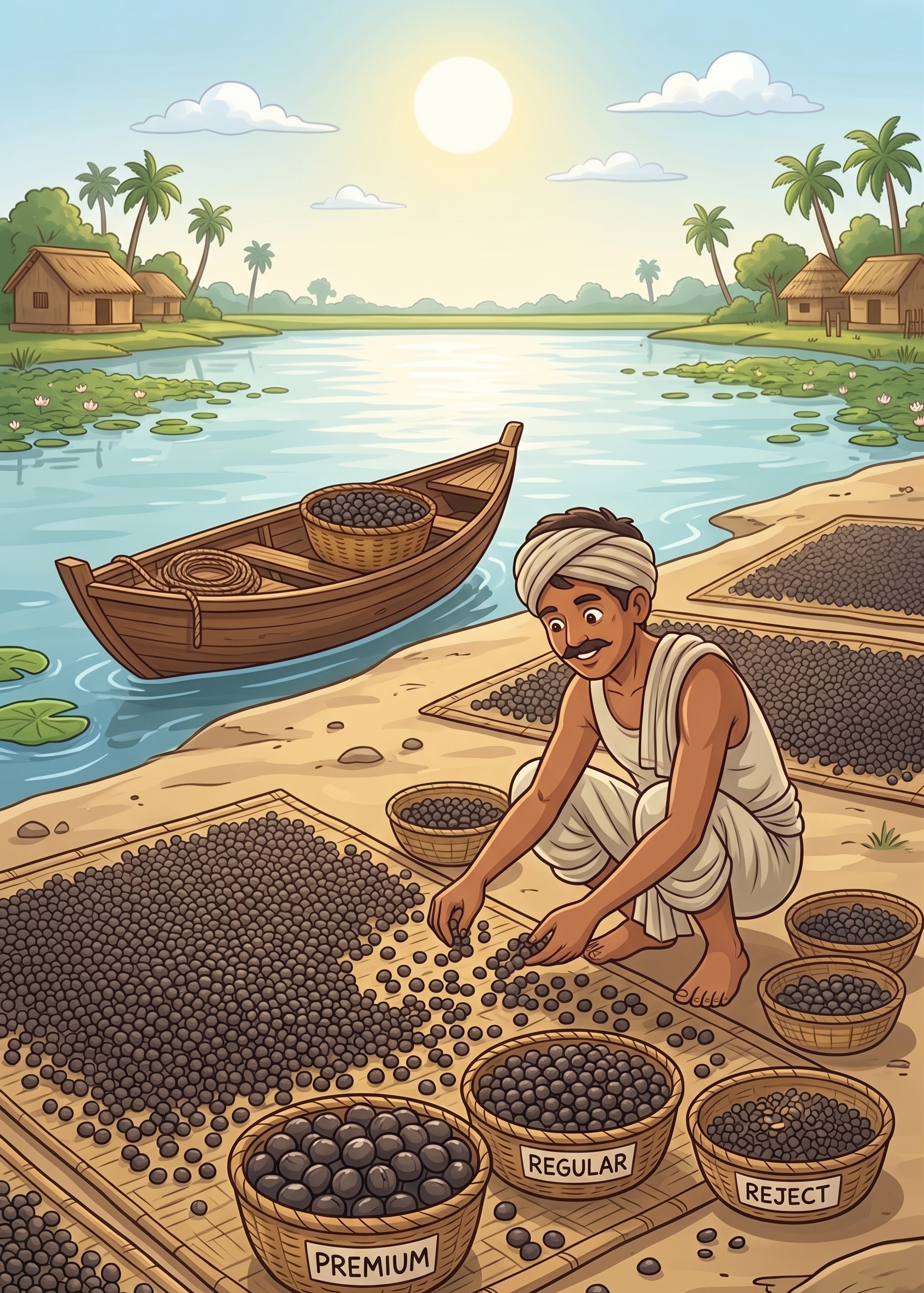 Sun drying and sorting makhana seeds